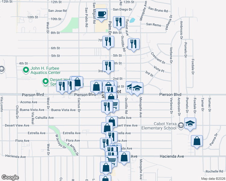 map of restaurants, bars, coffee shops, grocery stores, and more near 11924 Palm Drive in Desert Hot Springs