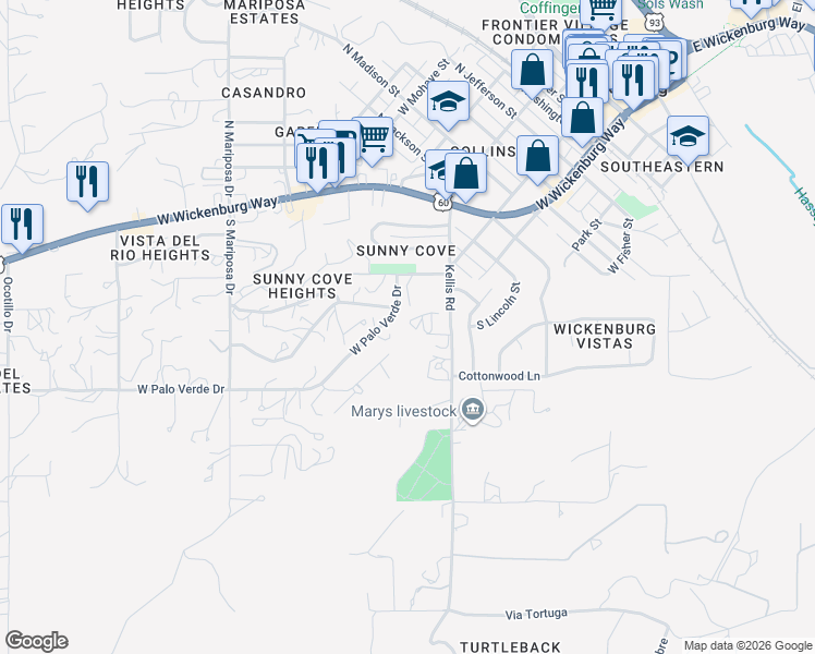 map of restaurants, bars, coffee shops, grocery stores, and more near 570 Kellis Road in Wickenburg