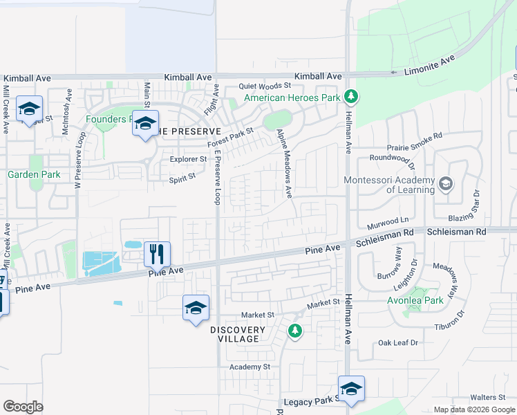 map of restaurants, bars, coffee shops, grocery stores, and more near 16078 Huckleberry Avenue in Chino