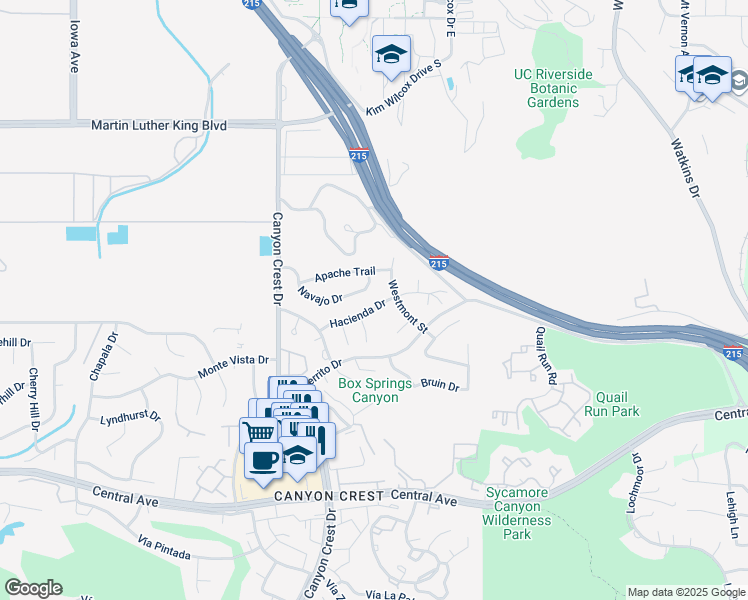 map of restaurants, bars, coffee shops, grocery stores, and more near 711 Hacienda Drive in Riverside