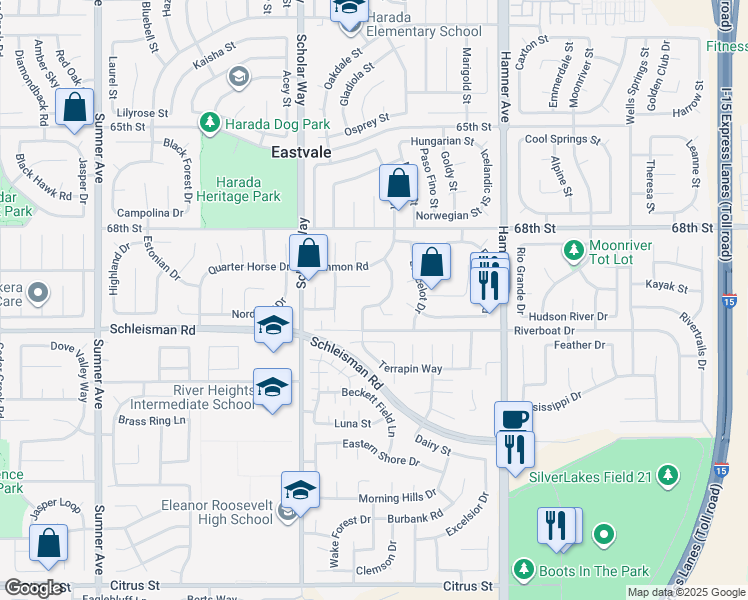 map of restaurants, bars, coffee shops, grocery stores, and more near 6970 Massy Harris Way in Corona