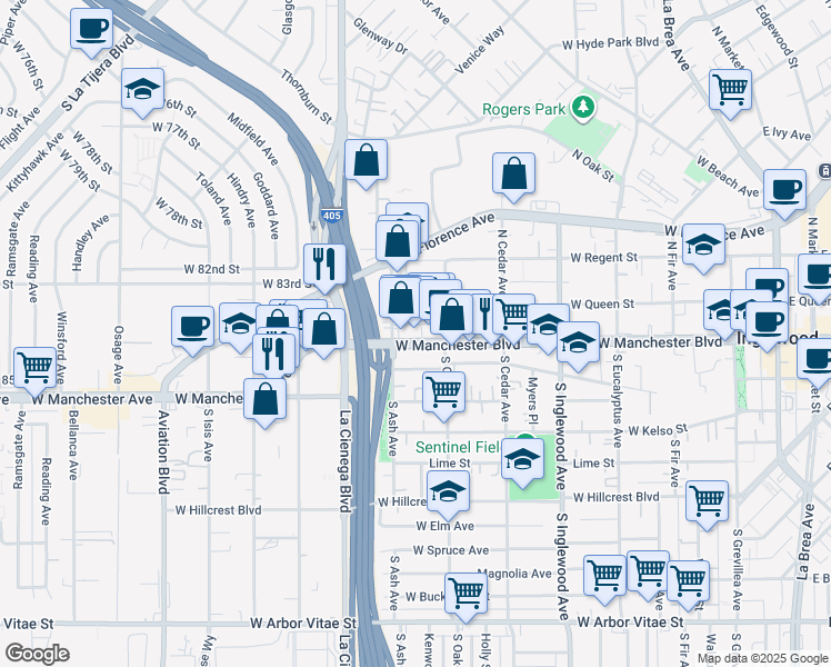 map of restaurants, bars, coffee shops, grocery stores, and more near 621 West Manchester Boulevard in Inglewood