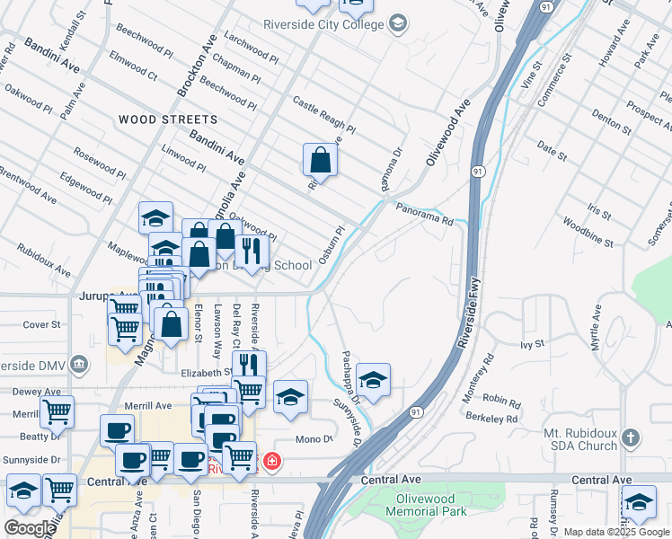 map of restaurants, bars, coffee shops, grocery stores, and more near 5634 Olivewood Avenue in Riverside