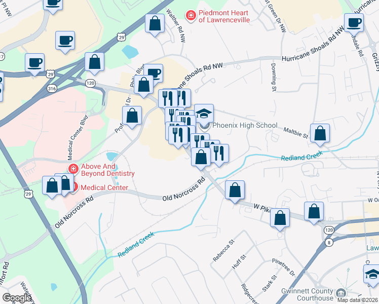 map of restaurants, bars, coffee shops, grocery stores, and more near 1648 Lawrenceville Highway in Lawrenceville