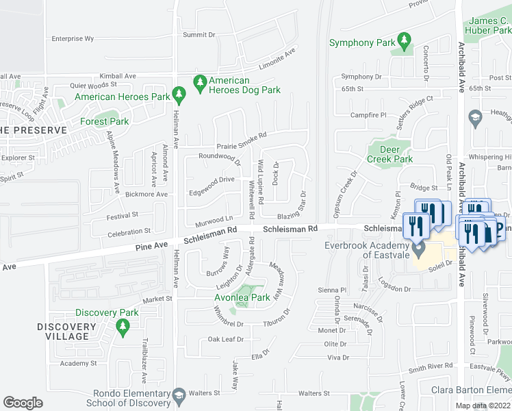 map of restaurants, bars, coffee shops, grocery stores, and more near 6951 Wild Lupine Road in Eastvale