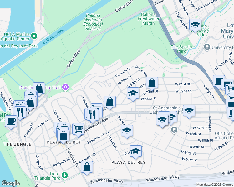 map of restaurants, bars, coffee shops, grocery stores, and more near 7917 West 80th Street in Los Angeles