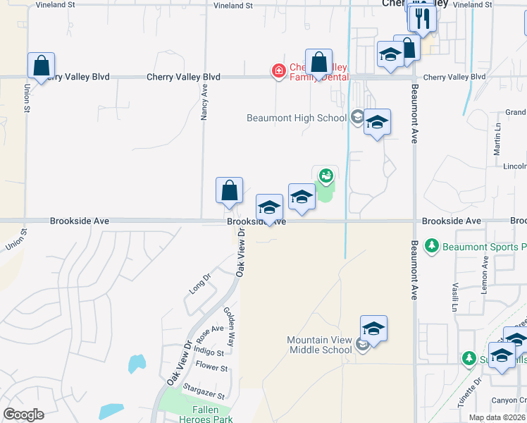 map of restaurants, bars, coffee shops, grocery stores, and more near 38730 Brookside Avenue in Cherry Valley