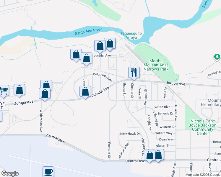 map of restaurants, bars, coffee shops, grocery stores, and more near 6049 Fremont Street in Riverside