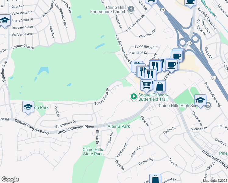map of restaurants, bars, coffee shops, grocery stores, and more near 16000 Carlton Court in Chino Hills