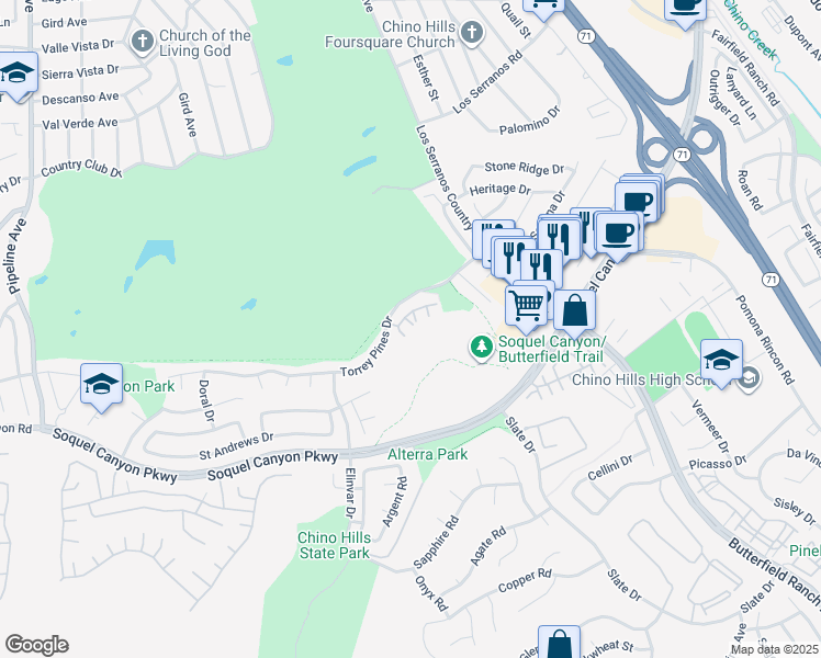 map of restaurants, bars, coffee shops, grocery stores, and more near 16000 Carlton Court in Chino Hills