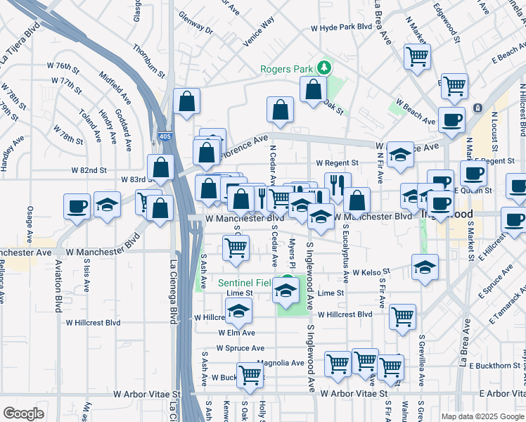 map of restaurants, bars, coffee shops, grocery stores, and more near 511 West Manchester Boulevard in Inglewood
