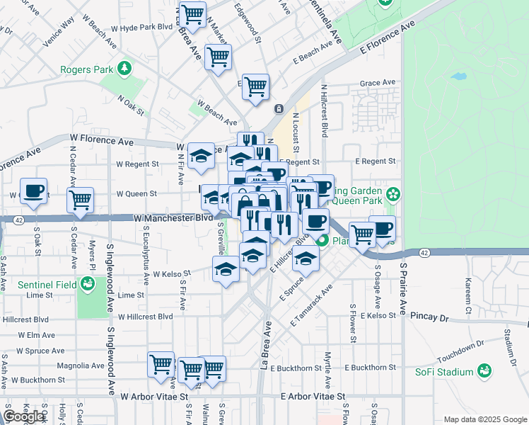 map of restaurants, bars, coffee shops, grocery stores, and more near in Inglewood