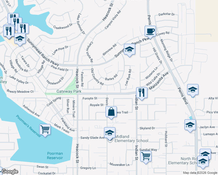 map of restaurants, bars, coffee shops, grocery stores, and more near 10995 Lemonwood Circle in Moreno Valley