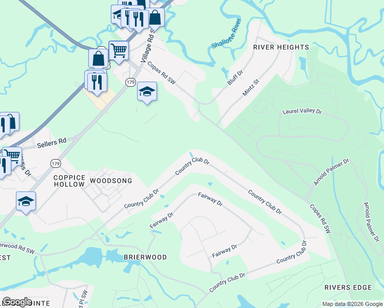 map of restaurants, bars, coffee shops, grocery stores, and more near 29 Country Club Drive in Shallotte