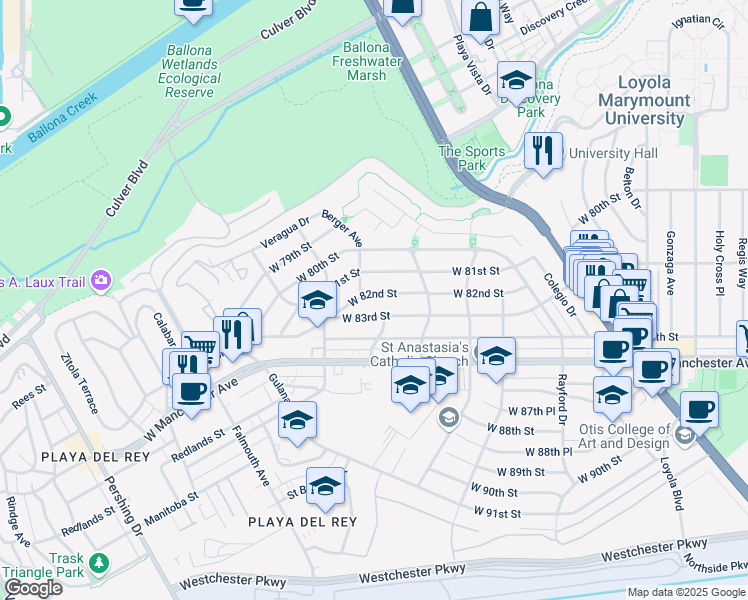 map of restaurants, bars, coffee shops, grocery stores, and more near 7562 West 82nd Street in Los Angeles