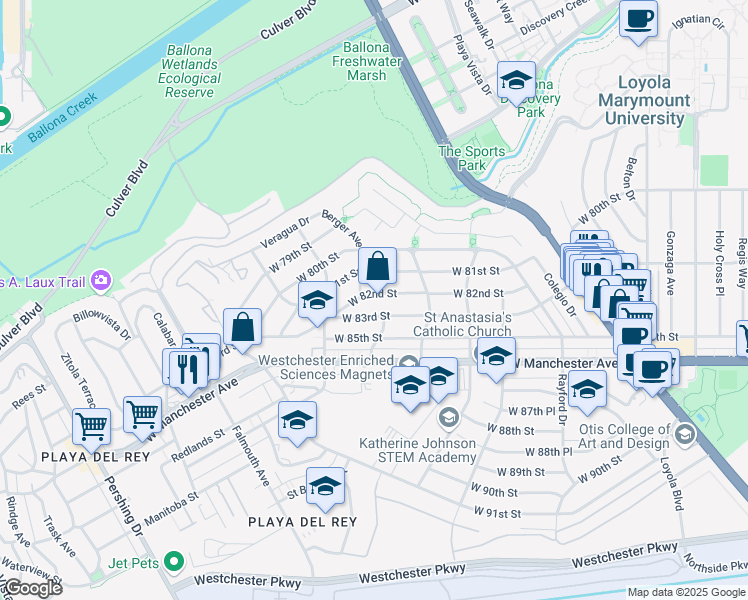 map of restaurants, bars, coffee shops, grocery stores, and more near 7562 West 82nd Street in Los Angeles