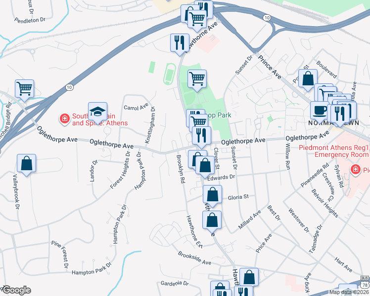 map of restaurants, bars, coffee shops, grocery stores, and more near Oglethorpe Avenue in Athens