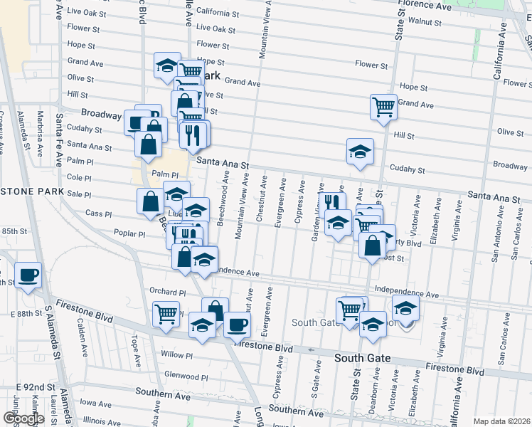 map of restaurants, bars, coffee shops, grocery stores, and more near 8178 Chestnut Avenue in South Gate