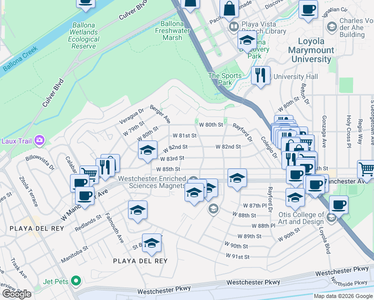 map of restaurants, bars, coffee shops, grocery stores, and more near 7538 West 82nd Street in Los Angeles