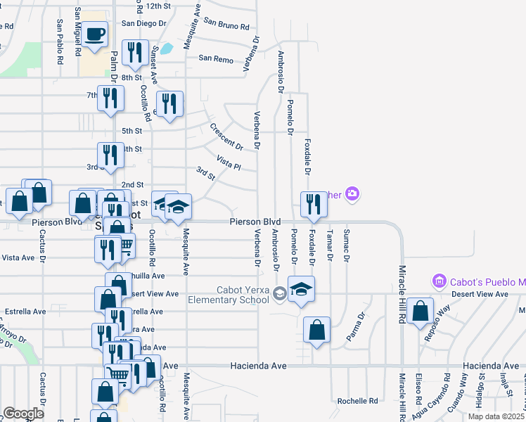 map of restaurants, bars, coffee shops, grocery stores, and more near 11900 Verbena Drive in Desert Hot Springs