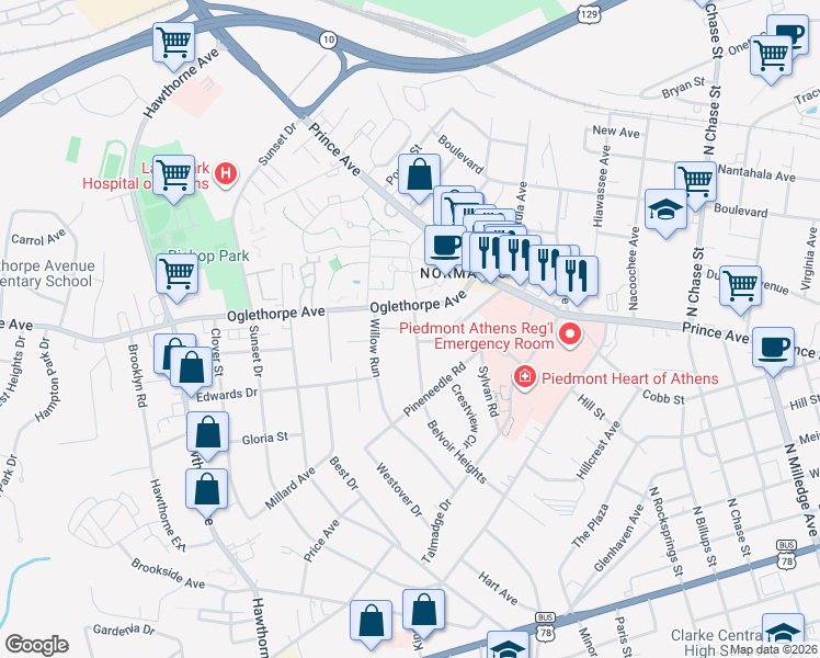 map of restaurants, bars, coffee shops, grocery stores, and more near 222 Normal Avenue in Athens