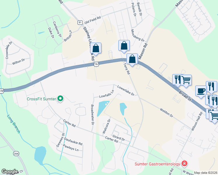 map of restaurants, bars, coffee shops, grocery stores, and more near 3015 Lowfalls Lane in Sumter