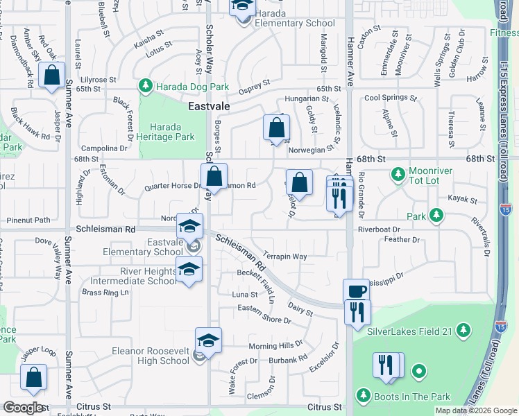 map of restaurants, bars, coffee shops, grocery stores, and more near 6907 Massy Harris Way in Corona