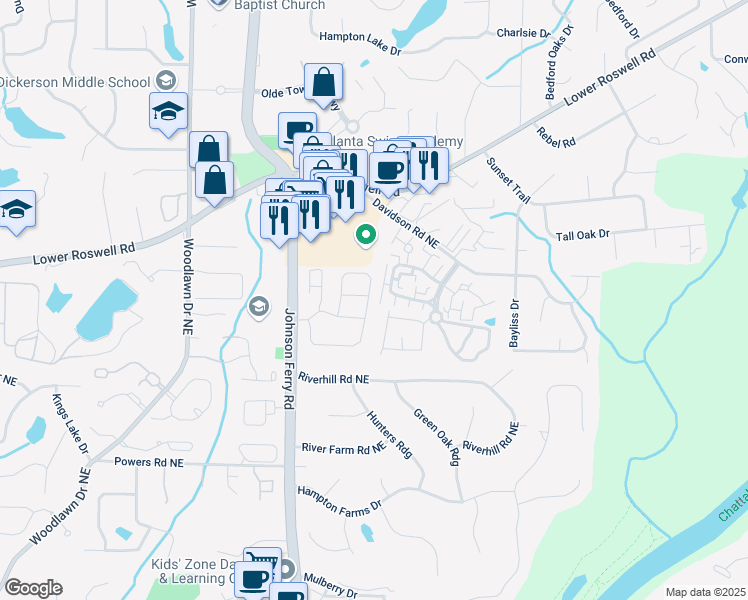 map of restaurants, bars, coffee shops, grocery stores, and more near 4900 Kentwood Drive in Marietta