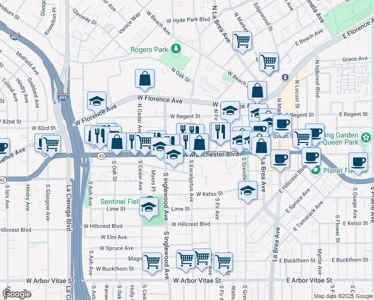map of restaurants, bars, coffee shops, grocery stores, and more near 303 West Manchester Boulevard in Inglewood