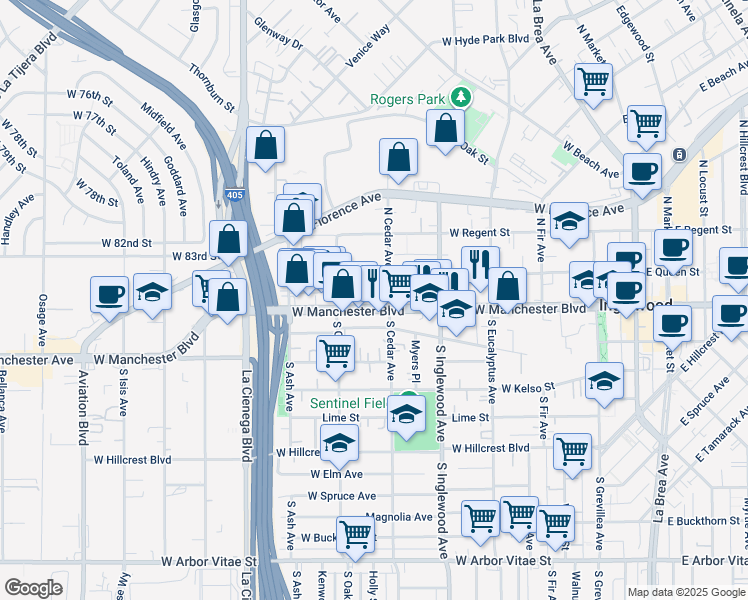 map of restaurants, bars, coffee shops, grocery stores, and more near 511 West Manchester Boulevard in Inglewood