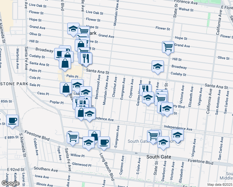 map of restaurants, bars, coffee shops, grocery stores, and more near 8178 Chestnut Avenue in South Gate