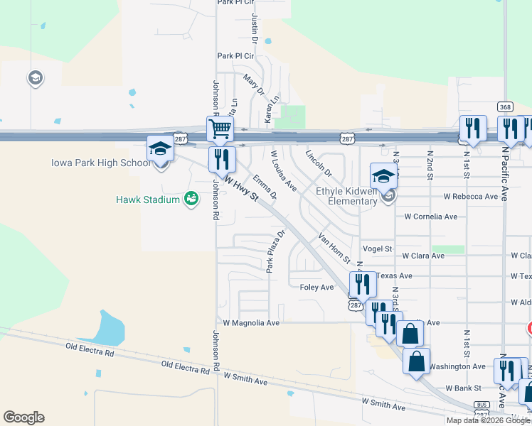 map of restaurants, bars, coffee shops, grocery stores, and more near 11 Harley Court in Iowa Park