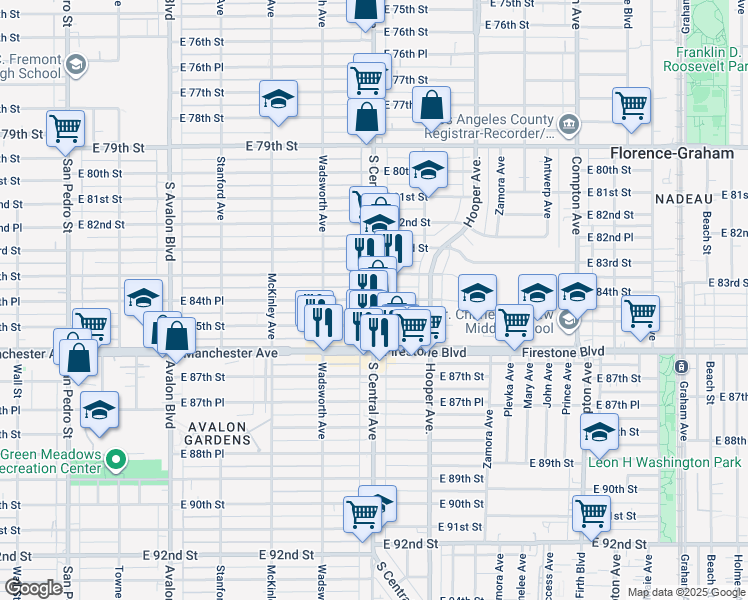 map of restaurants, bars, coffee shops, grocery stores, and more near South Central Avenue & East 84th Place in Los Angeles