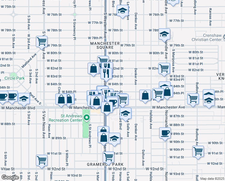 map of restaurants, bars, coffee shops, grocery stores, and more near 1735 West 84th Place in Los Angeles