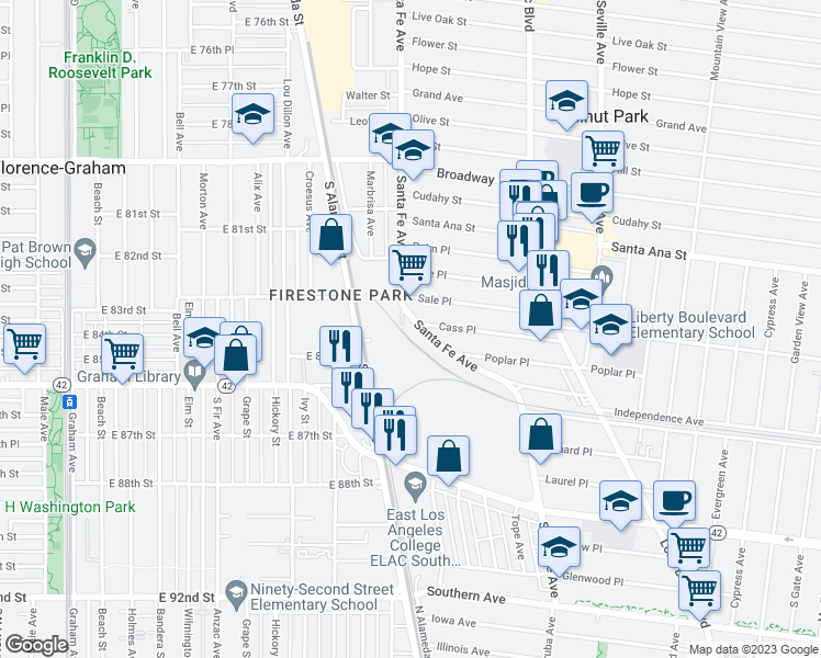 map of restaurants, bars, coffee shops, grocery stores, and more near 8337 Santa Fe Avenue in Walnut Park