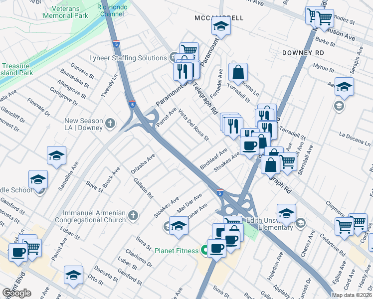 map of restaurants, bars, coffee shops, grocery stores, and more near 9016 Elston Avenue in Downey