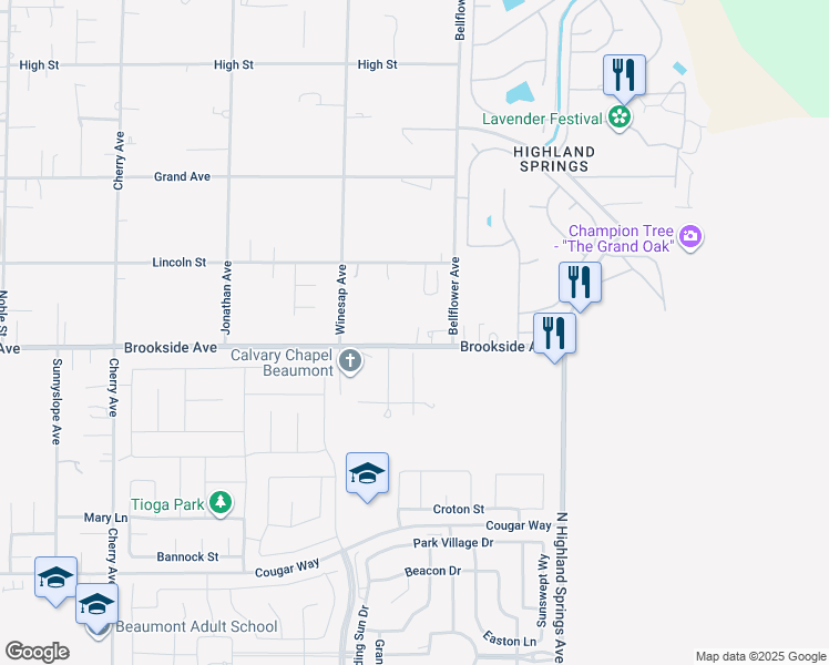 map of restaurants, bars, coffee shops, grocery stores, and more near 11010 Sandra Drive in Cherry Valley