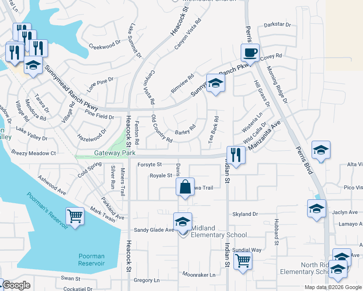 map of restaurants, bars, coffee shops, grocery stores, and more near 10995 Lemonwood Circle in Moreno Valley
