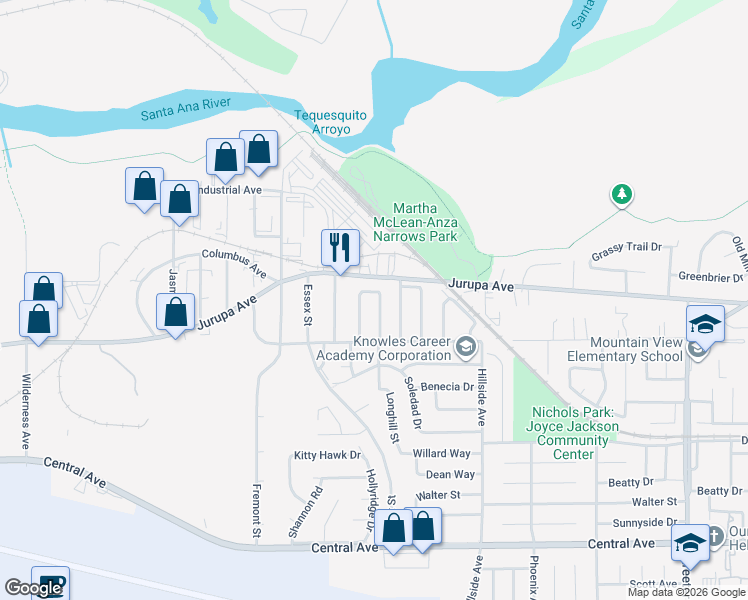 map of restaurants, bars, coffee shops, grocery stores, and more near 6051 Vanessa Street in Riverside