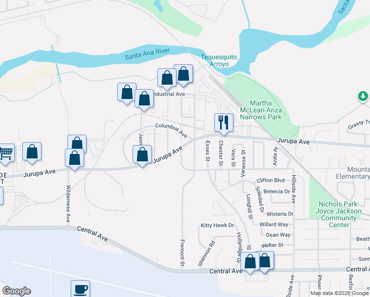 map of restaurants, bars, coffee shops, grocery stores, and more near 6049 Fremont Street in Riverside