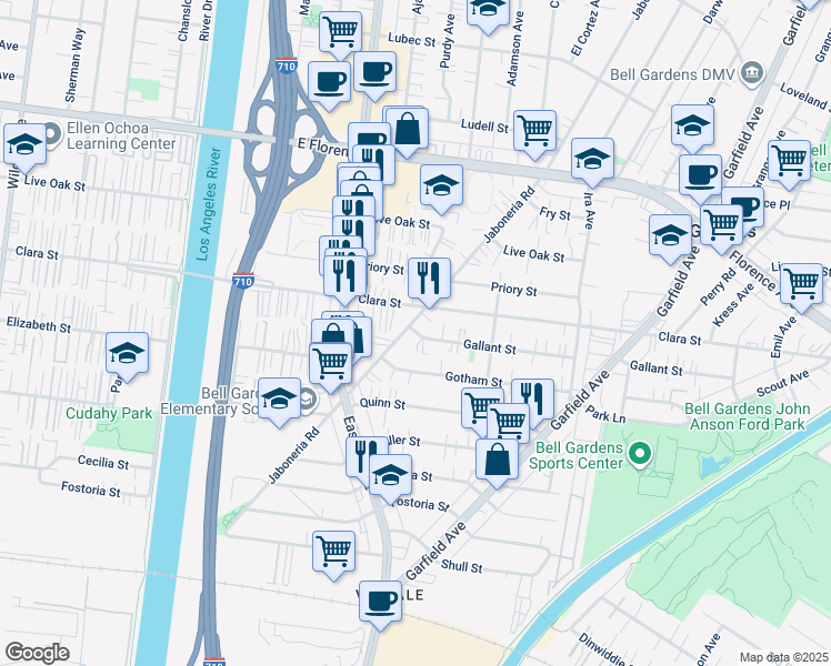 map of restaurants, bars, coffee shops, grocery stores, and more near 5916 Gallant Street in Bell Gardens