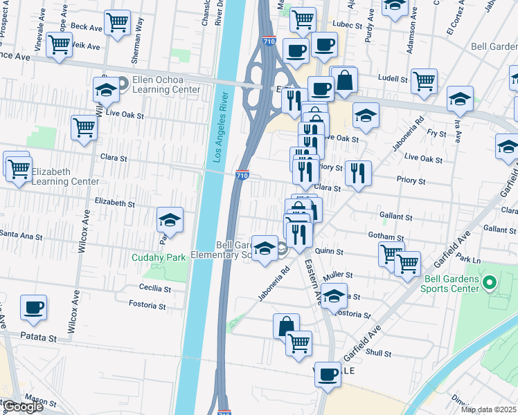 map of restaurants, bars, coffee shops, grocery stores, and more near 5534 Gotham Street in Bell Gardens