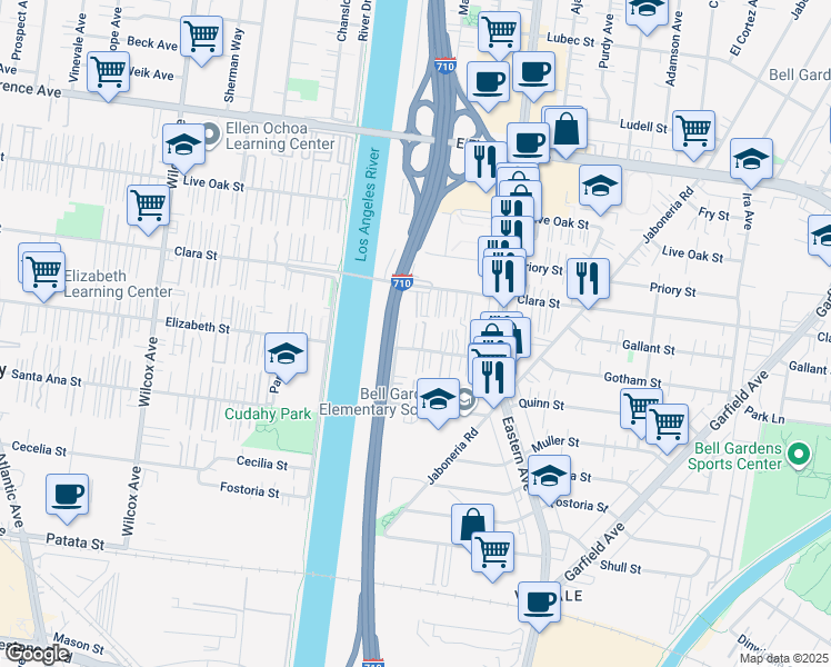 map of restaurants, bars, coffee shops, grocery stores, and more near 5534 Gotham Street in Bell Gardens