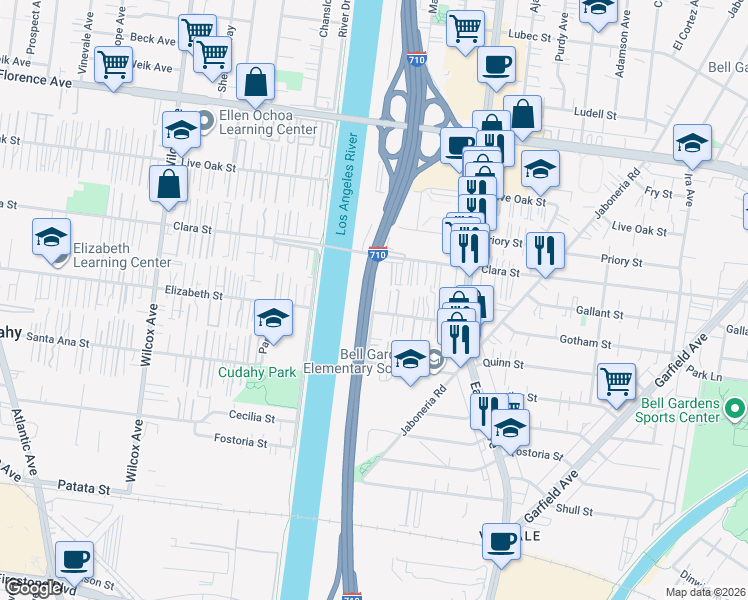 map of restaurants, bars, coffee shops, grocery stores, and more near 7887 Bell Gardens Avenue in Bell Gardens