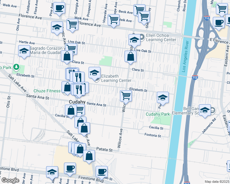 map of restaurants, bars, coffee shops, grocery stores, and more near 4927 1/4 Santa Ana Street in Bell Gardens