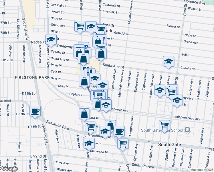map of restaurants, bars, coffee shops, grocery stores, and more near 2750 Liberty Boulevard in South Gate