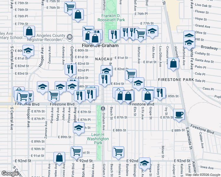 map of restaurants, bars, coffee shops, grocery stores, and more near 8407 Beach Street in Los Angeles