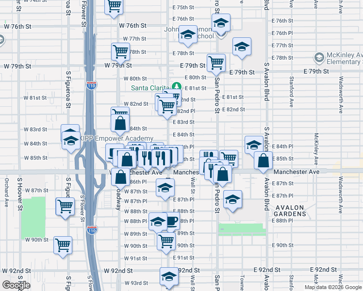 map of restaurants, bars, coffee shops, grocery stores, and more near 156 East 84th Place in Los Angeles