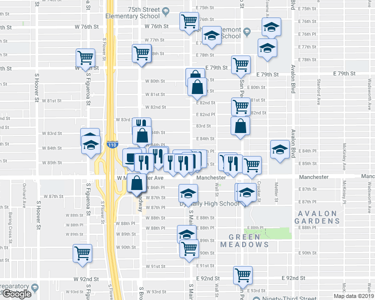map of restaurants, bars, coffee shops, grocery stores, and more near 8464 South Main Street in Los Angeles