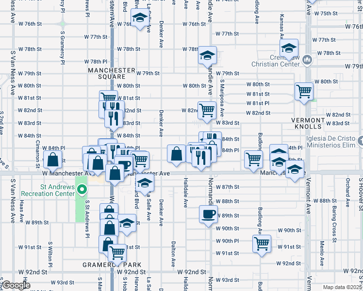 map of restaurants, bars, coffee shops, grocery stores, and more near 1526 West 84th Place in Los Angeles